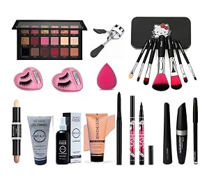 Glowhouse Rose gold eyeshadow palette,Eyelash curler,eyelashes,Black hello kitty makeup brush,Eyeliner mascara combo set (Set of 15)