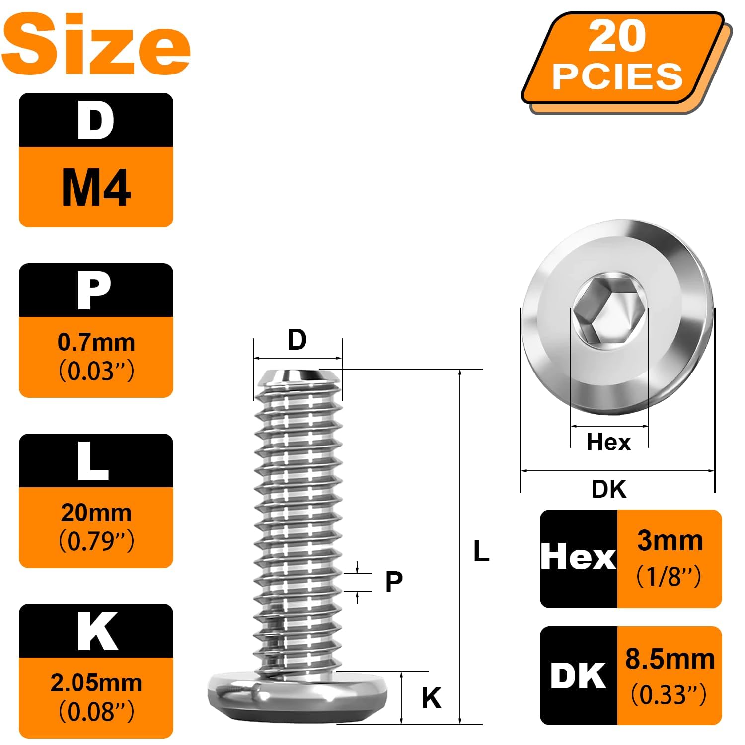 20Pcs M4 Furniture Bolts, M4 x 20mm Flat Head Hex Socket Cap Screws Bolts - Image 2