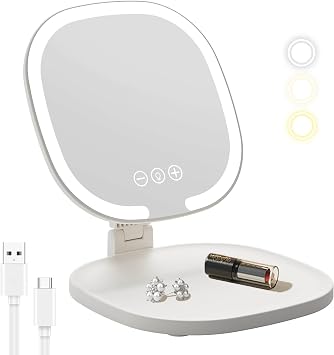 Rechargeable LED Travel Makeup Mirror, 3-Color Lighting, Dimmable Touch Screen, Multi Angle Adjustable, Foldable and Portable Desktop Vanity Mirror with Storage Tray White