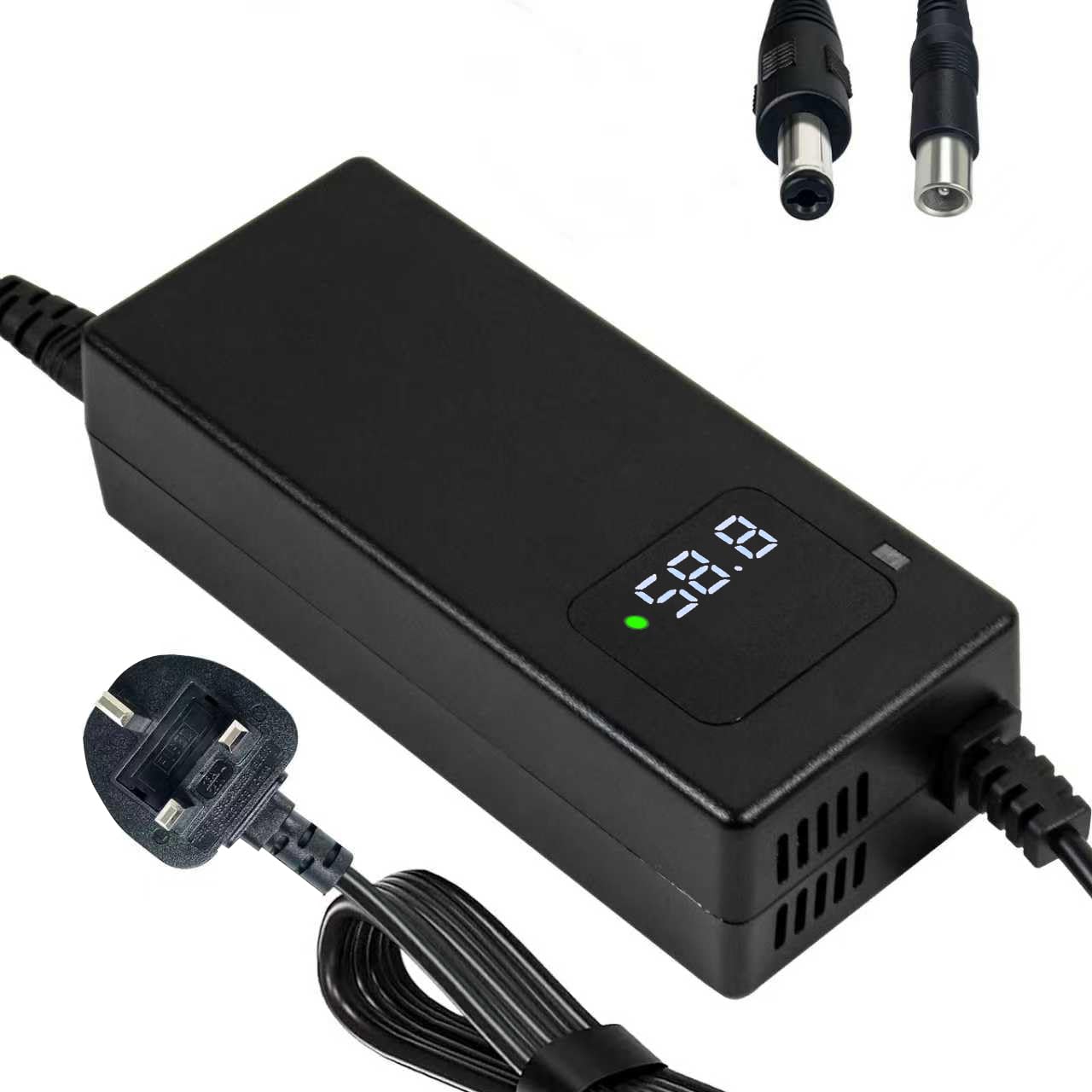 58.8V 2A Battery Charger for 52V Lithium-Ion Battery – E-Bike & E-Scooter Charger with DC Plug and LED Voltage Display