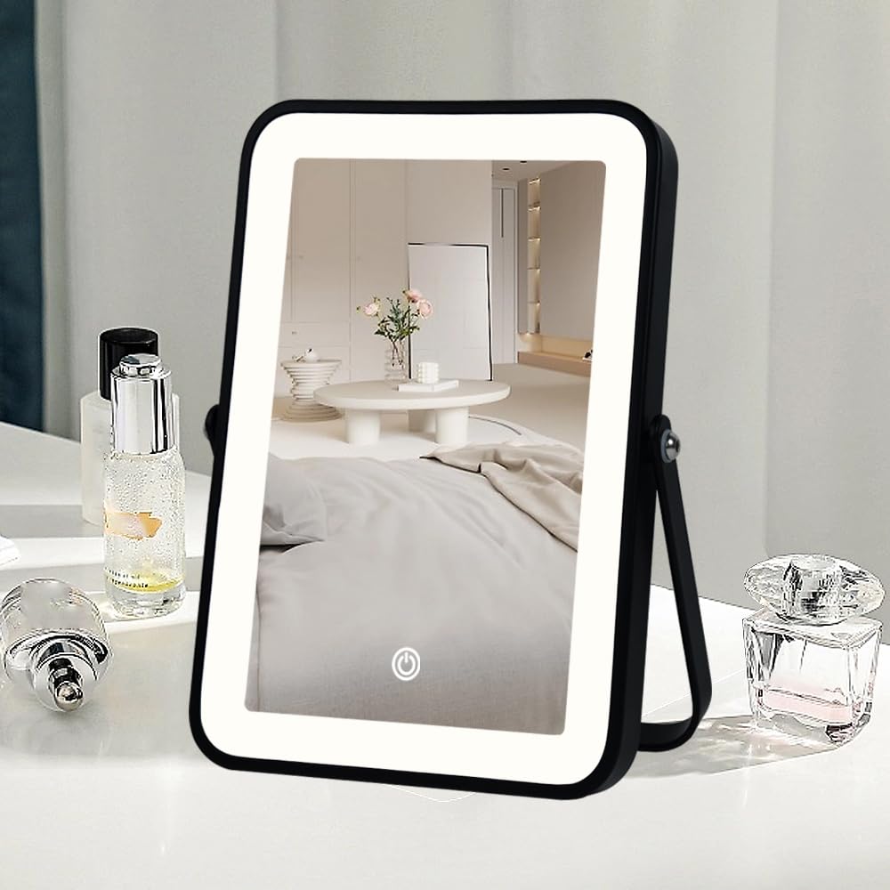 YEKKOPT Black Rechargeable Makeup Vanity Mirror with Lights, Small Desk Makeup Mirror with Lights, 3 Lighting Modes, Dimmable Touch Screen, Tabletop Light up Mirror