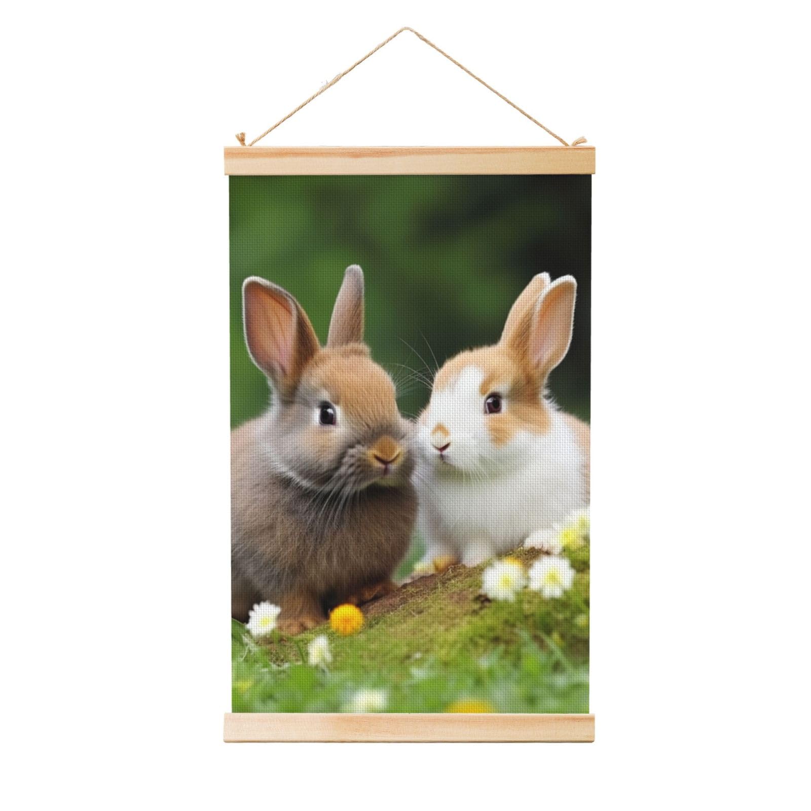 Cute Rabbits Posters Wooden Shaft Hanging Poster Canvas Prints Scroll Wall Art Painting Vintage Wall Banner Modern Artwork Decor for Home Decor Ready to Hang 16"x24"