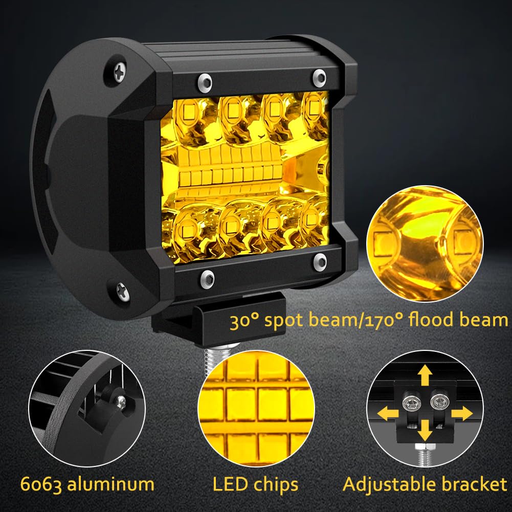 Faro da Lavoro 2 pezzi 12V 120W 1200LM Proiettore LED Lampada da Lavoro 10 cm 6000K Luce Gialla Barra LED per Auto Camion Trattore Quad Veicolo Barca