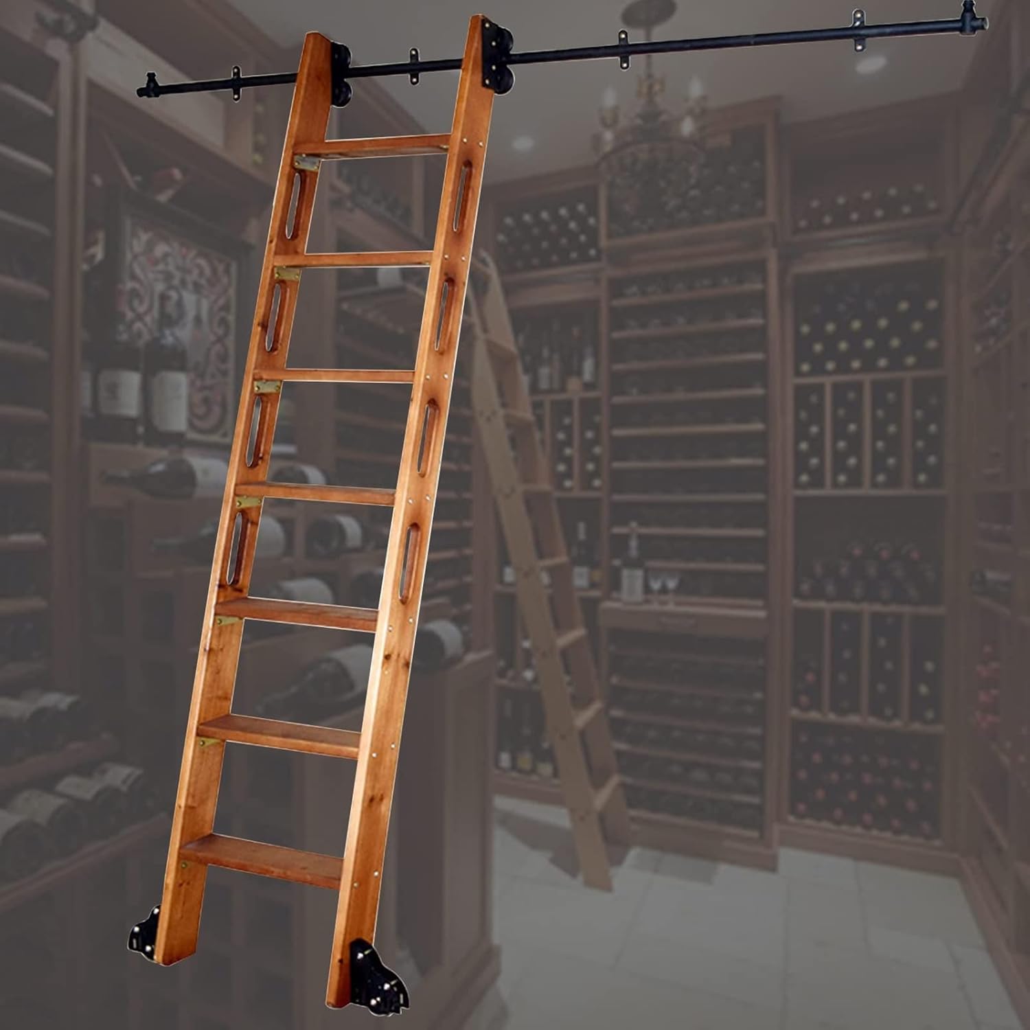 Rolling Ladder Hardware Library Sliding Ladder Hardware Kit, with Floor Rollers, Carbon Steel Sliding Ladder Hardware Accessories, for Home/Library/Cloakroom, Easy to Install (Size : 200cm(6