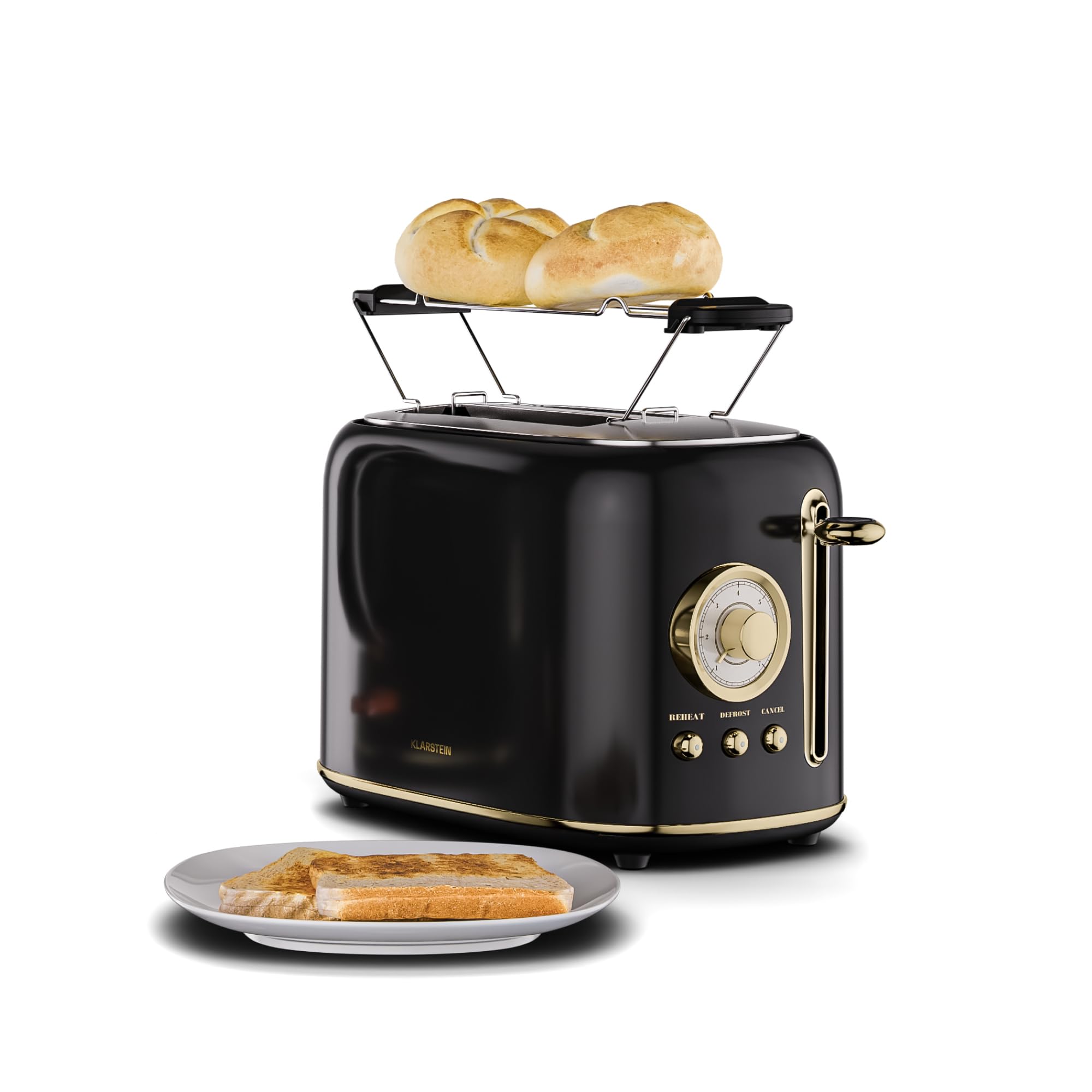 Toster Klarstein Victoria – Toster retro, na 2 kromki, 800 W, 7 stopni przyrumieniania, rozmrażanie i podgrzewanie, ruszt do bułek, wyjmowana tacka na okruchy