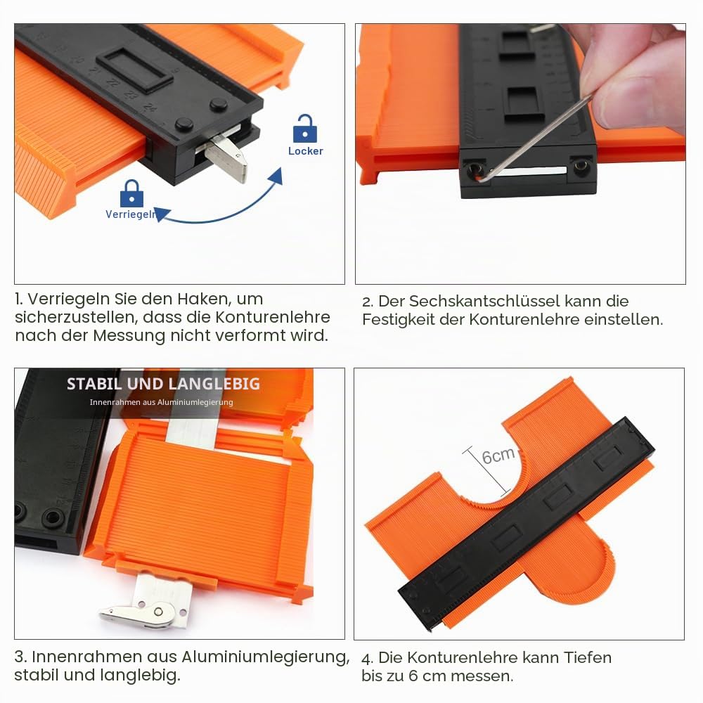 Laminatboden Kit und Konturenlehre mit Feststeller 45 Stück, Vinylboden Verlegeset Laminat Holzfußboden Installations Set, mit 40 Montagekeile, Hammer, Schlagklotz, Zugeisen, für Laminat Parkett