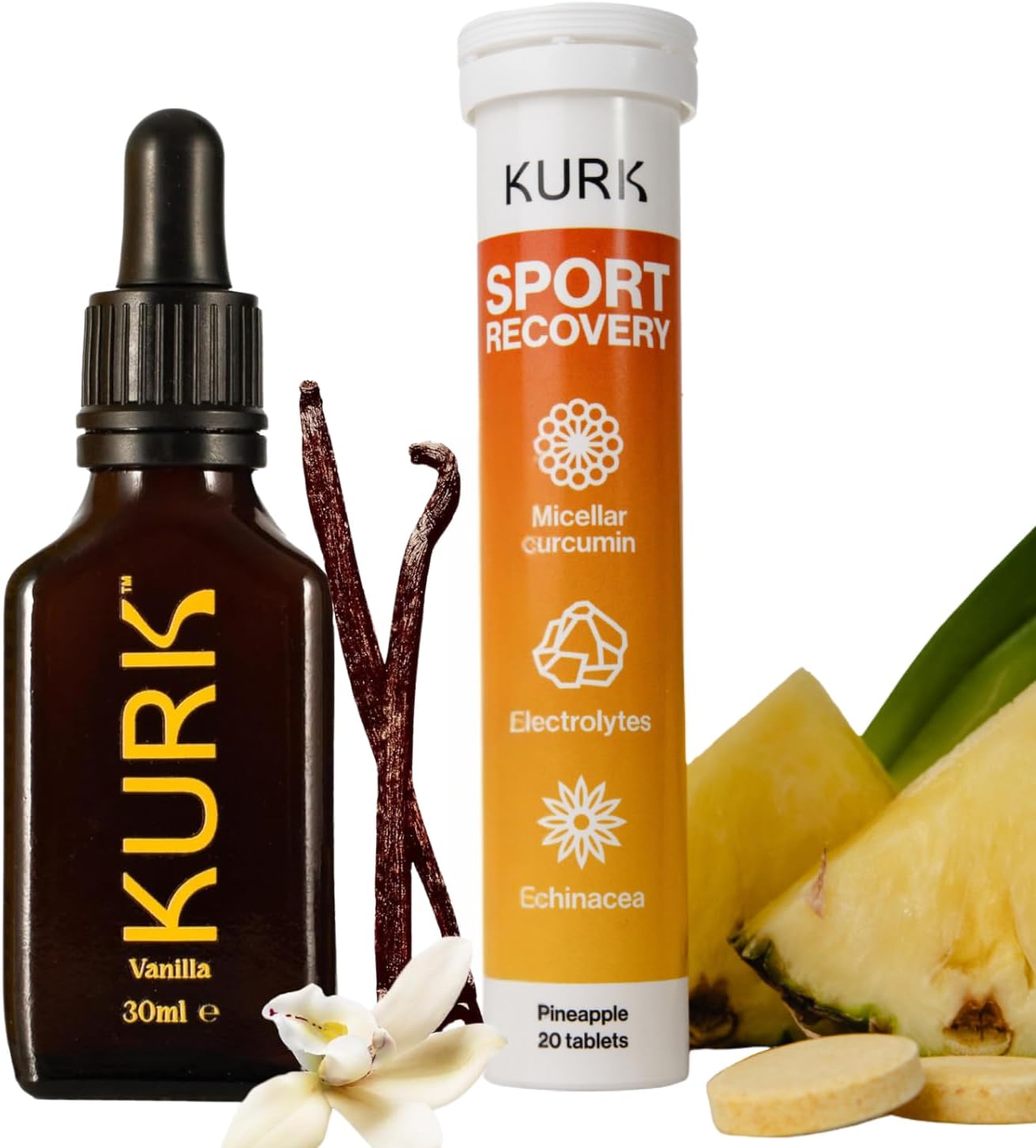 Kurk High Strength Liquid Curcumin Oil from Turmeric (Vanilla 1 Fl Oz) Sport Electrolyte Tablets (Pineapple 20 Effervescent Tabs) Bundle
