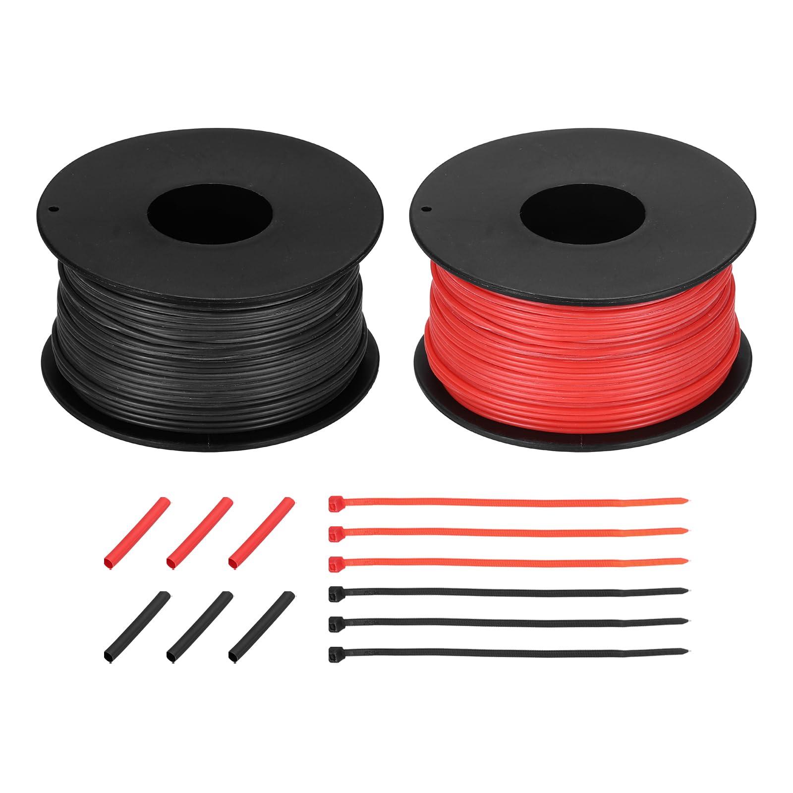 sourcing map 2pcs 28 AWG Silicone Electrical Wire Spool, 28 Gauge 45.7m/150ft Tinned Copper Electrical Wires with Heat Shrink Tubing & Cable Ties for Automotive, RV Inverter - Red & Black