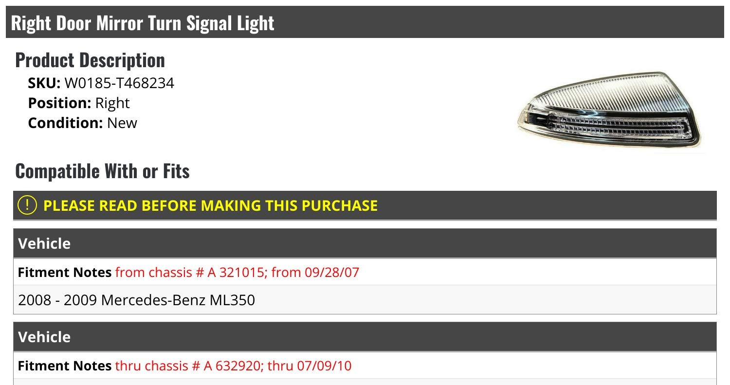 Marketplace Auto Parts Right Passenger Side Door Mirror Turn Signal Light - Compatible with 2008-2010 Mercedes-Benz ML350 (From 09/28/2007 Up To 07/09/2010)