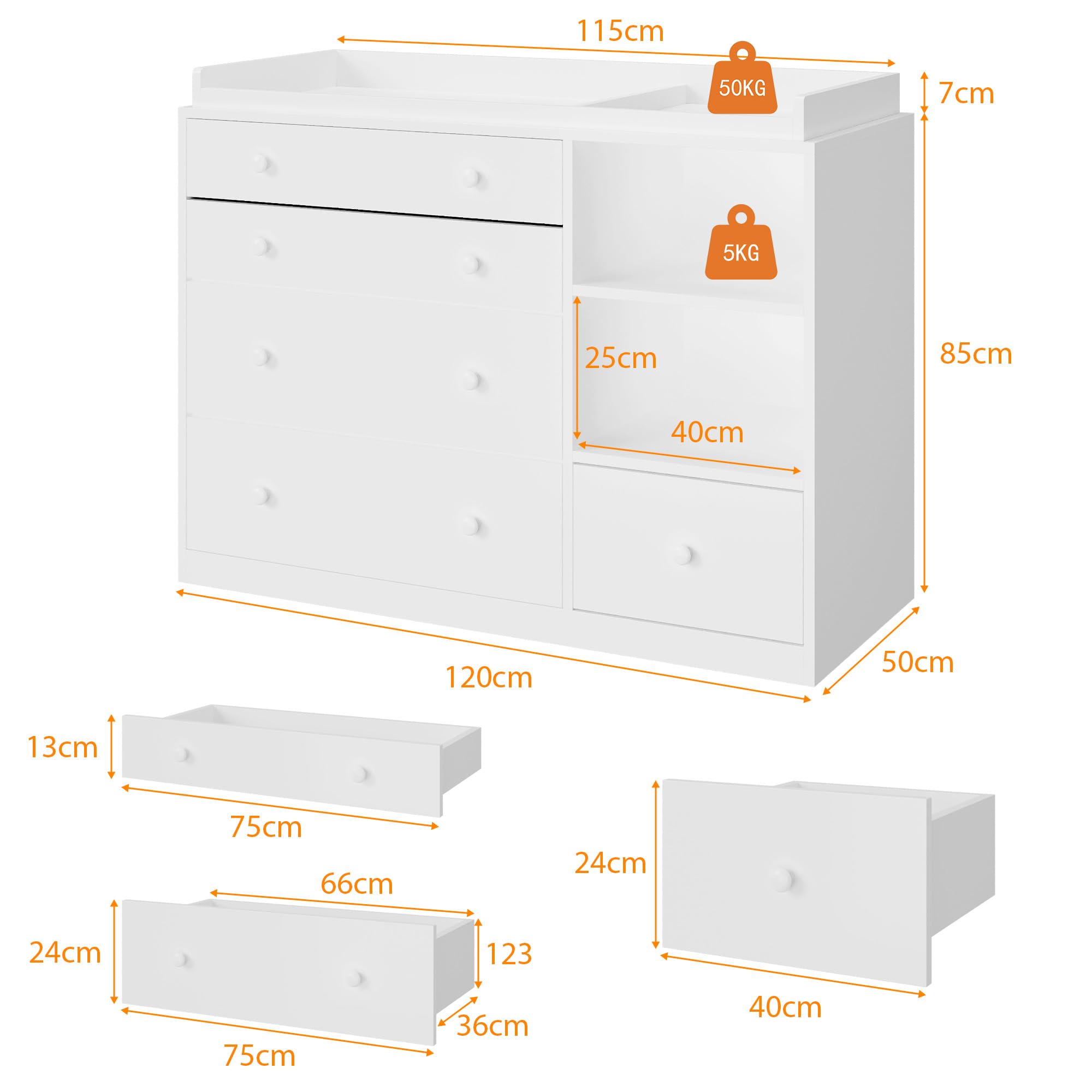 Wickeltisch, Wickelkommode, Wickelregal mit 5 Schubladen, Babykommode, Babypflege, Babymöbel, Wickeltische für Babyzimmer, Schlafzimmer, weiß, MDF