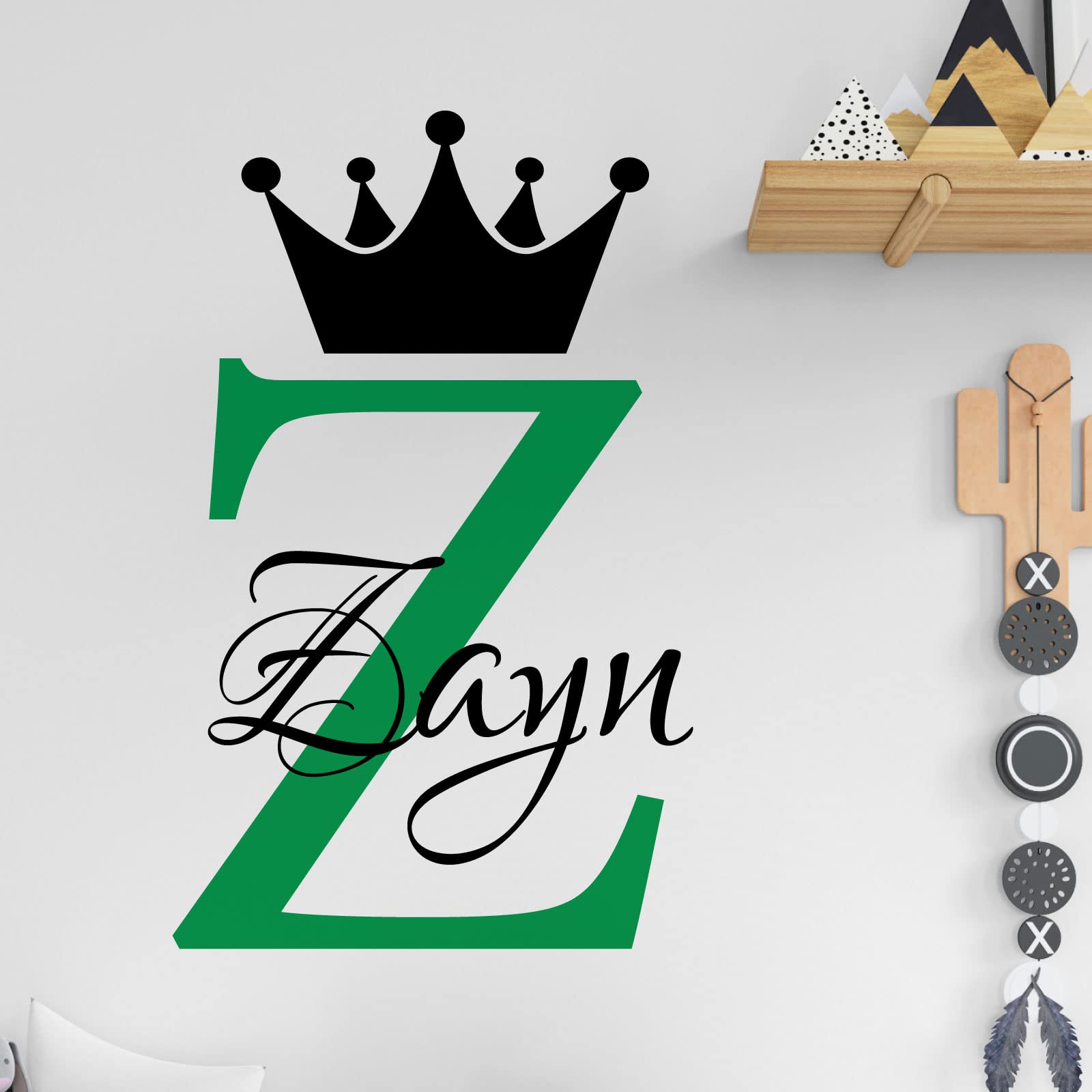 Personalised Name Baby Prince Princess Decal Wall Sticker - Initial Letter Crown [Medium] [Cactus]