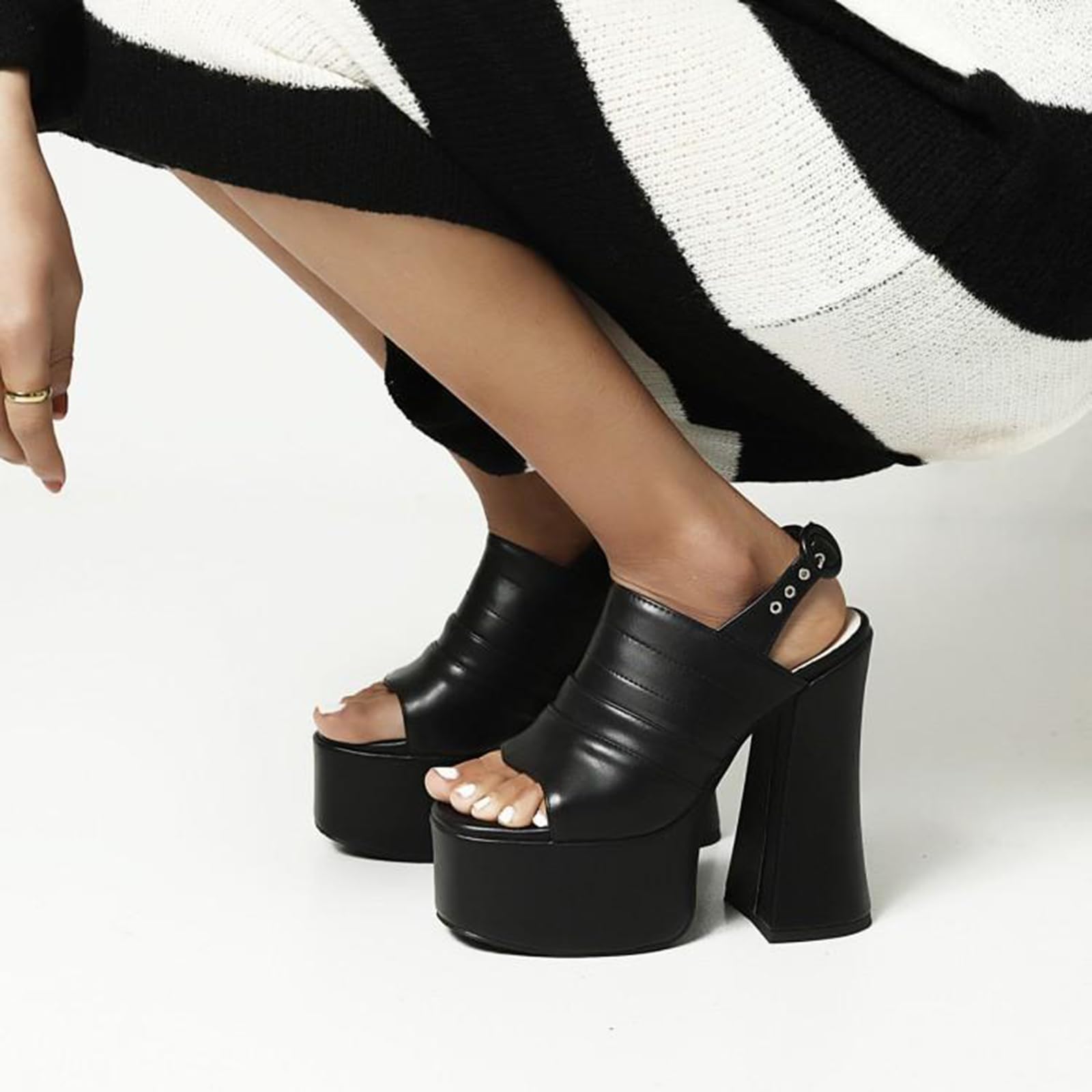 Sandali da Donna con Plateau 15CM, Tacco Blocco Spesso, Punta Aperta, Cinturino alla Caviglia con Fibbia, Sabot con Tacco Alto, Scarpe da Festa e Club estive