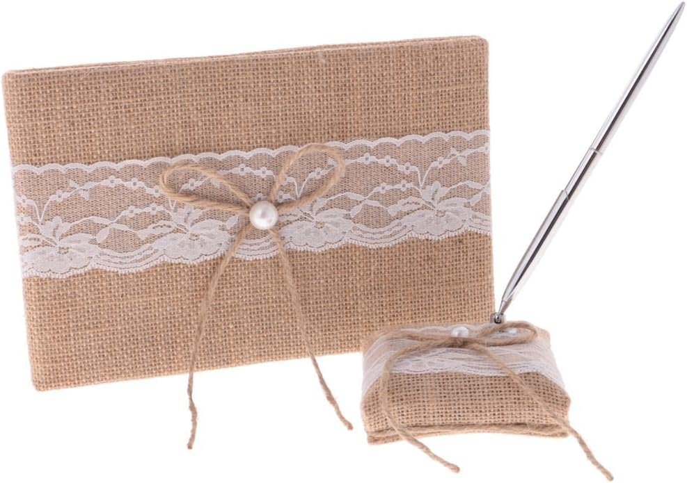 Personalized Rustic Wedding Guest Book Set Vintage Lace Pen Holder Album for Engagement Party