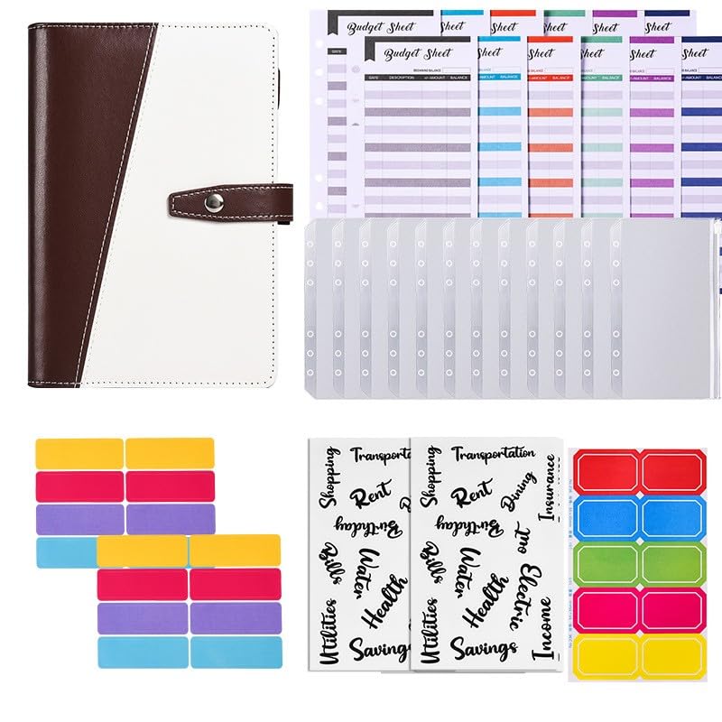 BeeSpark A6 Budget Binder with Budget Sheets| Zipper Envelopes| Ruler| Item stickers & Label Colour Stickers| Stationary Supply (Brown & White)