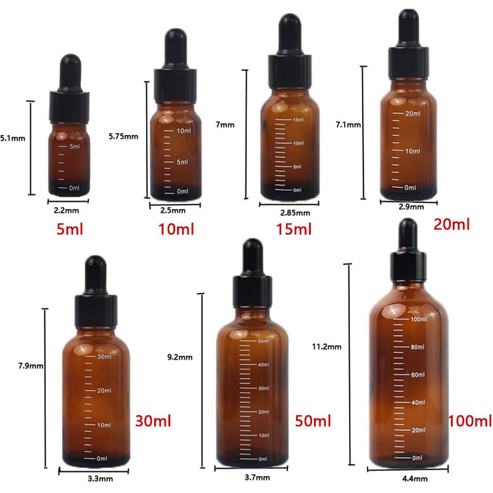 Leere bernsteinfarbene Glas-Tropfflaschen für ätherisches Öl, nachfüllbarer Ölbehälter mit Skalen-Reagenz für Augentropfenöle, Aromatherapie, Flüssigkeitspipetten, nachfüllbare Behälter (100 ml)