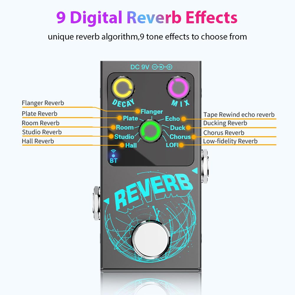 Pedal de efectos de guitarra Reverb digital para guitarra Pedal de efectos de guitarra con 9 reverberaciones diferentes Acompañamiento inalámbrico Perillas de control luminosas DECAY/MIX con by