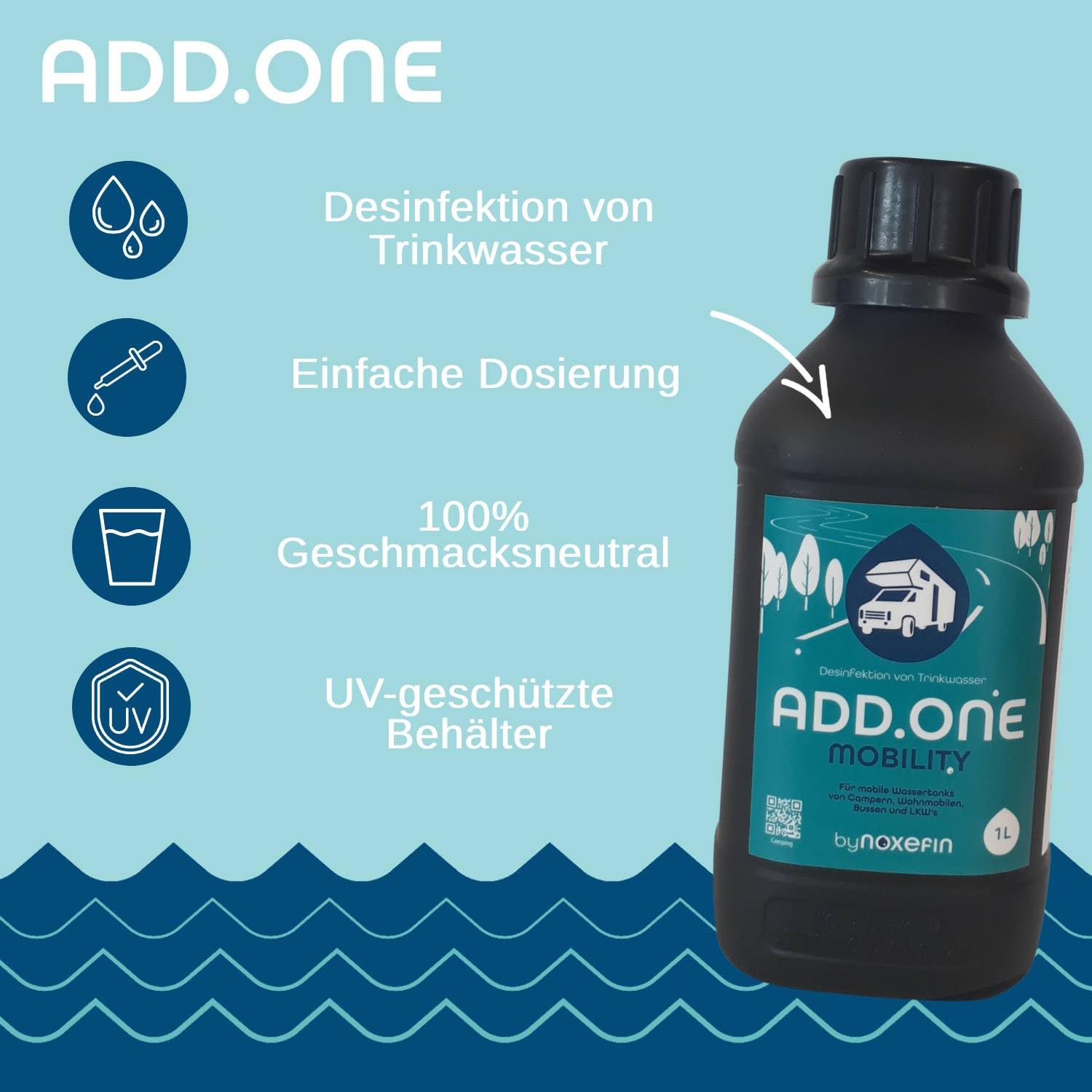 ADD.ONE Trinkwasserdesinfektion & Biofilmabbau, 1 L | für Wohnwagen, Camping, Outdoor, Tiere und Boote - genug für 100L - Kein Gefahrenstoff - 100% Geschmacksneutral