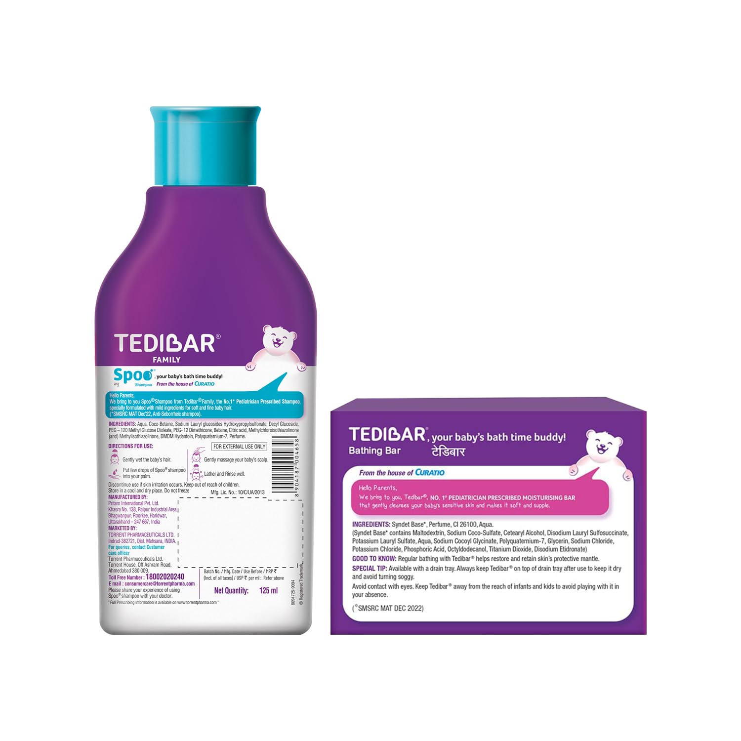 Spoo No-Tear Formula baby shampoo 125ml from Tedibar Family + Tedibar Moisturising Baby Bathing Bar 75g – By Torrent Pharma Spoo No-Tear Formula baby shampoo 125ml from Tedibar Family + Tedibar Moisturising Baby Bathing Bar 75g – By Torrent Pharma