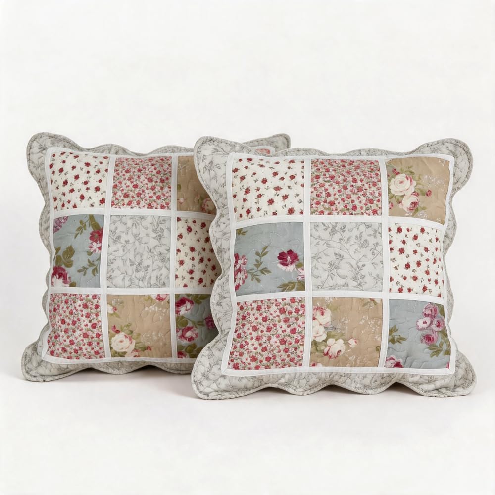 QIFONIX Vintage Patchwork Decorative Throw Pillow Cover, Floral Quilted Design with Pink Gingham Pattern, Scalloped Edge (Pink and Gray, 18" x 18" (Pack of 2))