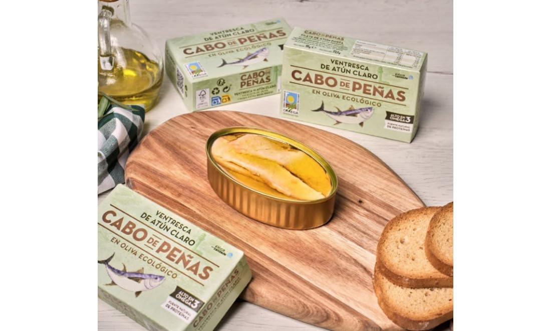 Pack 6 Ventresca de Atún Claro Cabo de Peñas Bio 111 g, 666 g total, en aceite de oliva virgen extra ecológico, conserva gourmet de textura suave y empacada a mano.