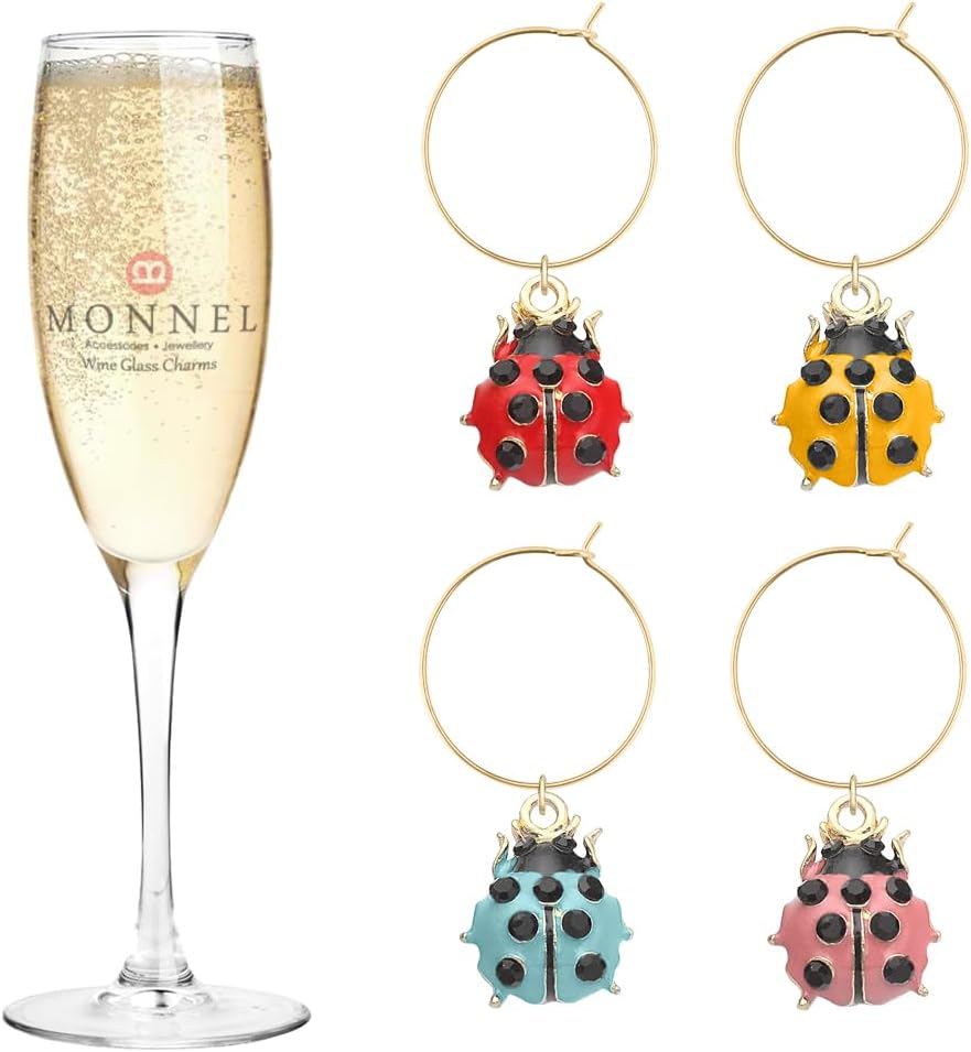 P788 Assorted Little 3D Crystal Ladybugs Wine Charms Glass Markers Tags for Party Decorations with Velvet Bag- Set of 4