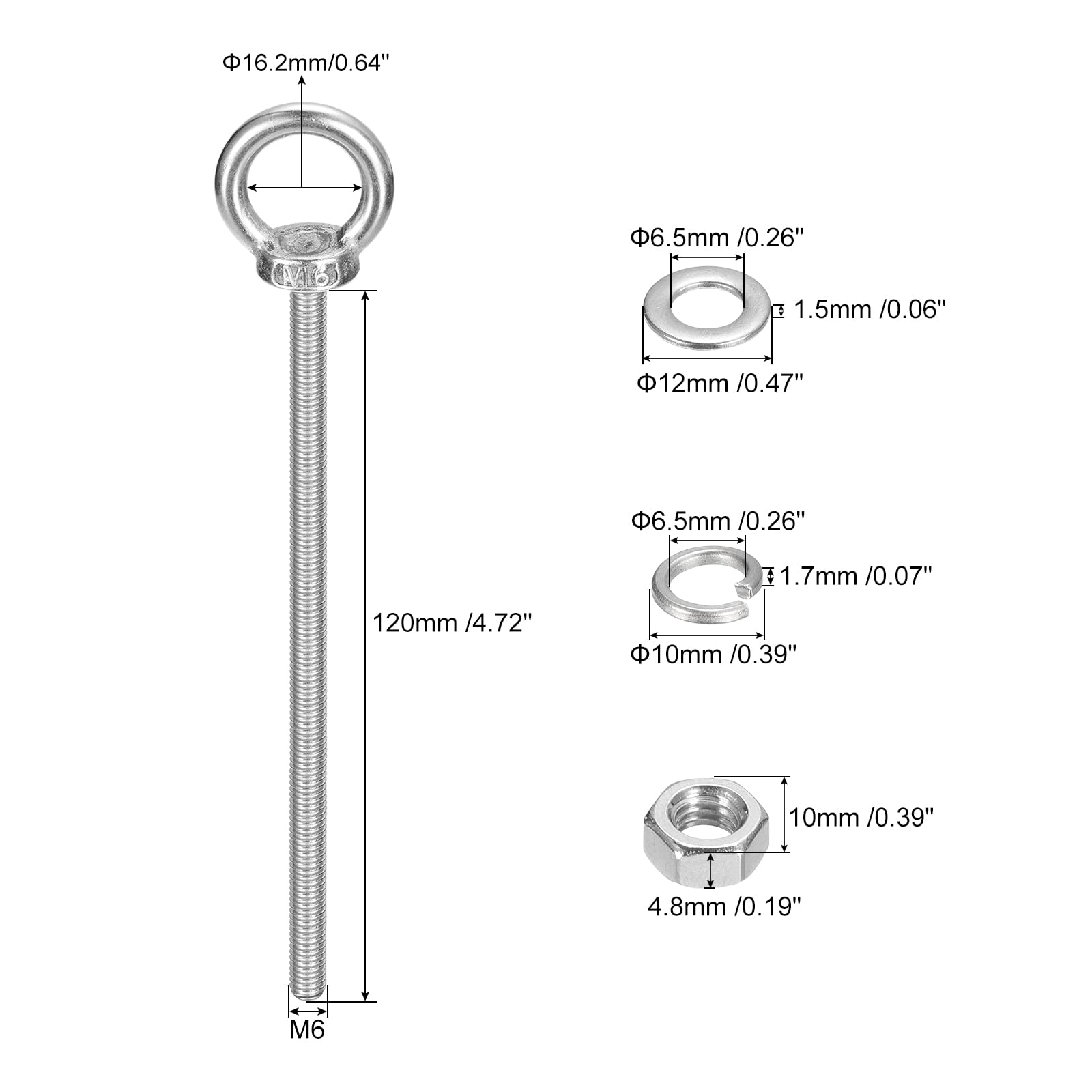 Sourcing Map Œil Boulon de Levage M6x120mm - 2 Ensembles Avec Écrou et Rondelle - 304 Inox Acier Épaulement Anneau Pour Accrochage Article