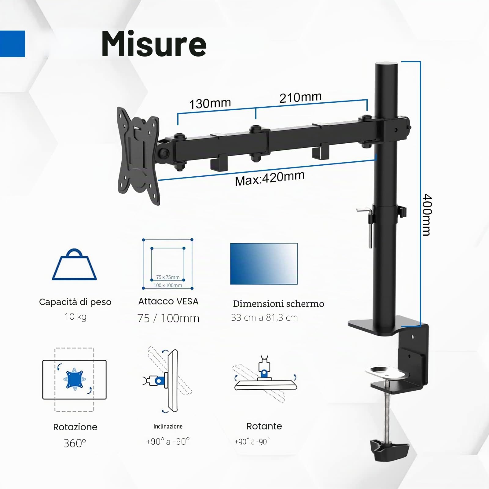 GRIFEMA GB2001-1 Braccio per Monitor Singolo, Supporto Regolabile in Altezza per Schermi LED LCD da 13" - 32", Rotazione a 360°,Dimensioni VESA 75/100, capacità di Peso Fino a 10 kg, Nero