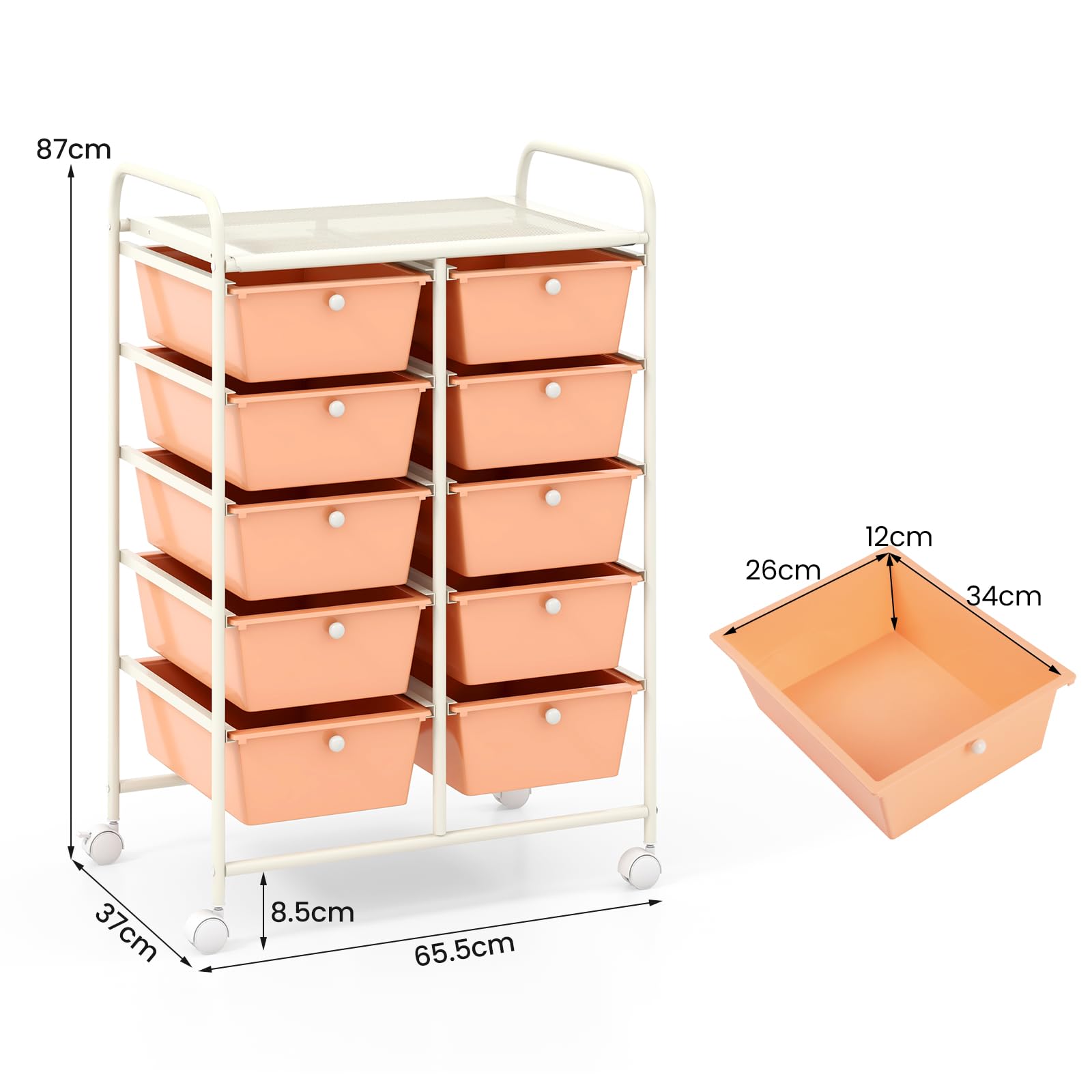 GIANTEX Chariot à roulettes empilable avec 10 tiroirs - Chariot de salle de bain avec roulettes verrouillables - Chariot de rangement pour cuisine, salle de bain, bureau - 65,5 x 37 x 87 cm - Orange