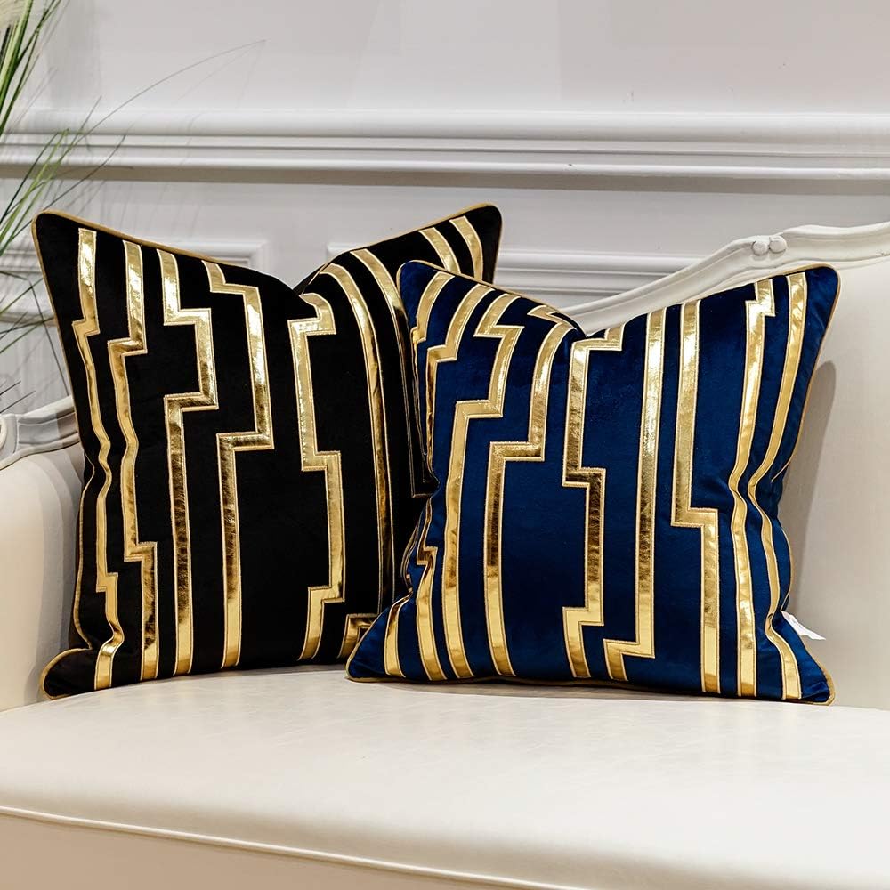Avigers 20 x 20 Inches Navy Blue Gold Leather Striped Cushion Cases Luxury European Throw Pillow Covers Decorative Pillows for Couch Living Room Bedroom Car 50 x 50cm