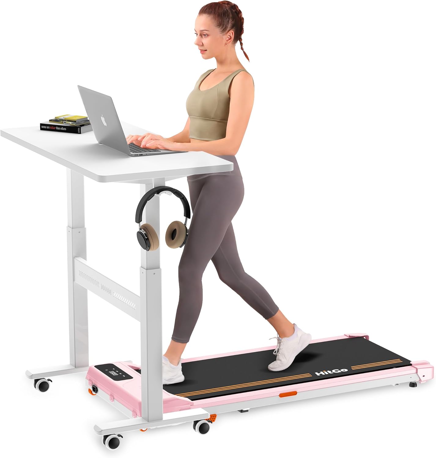 Mobile Standing Desk with Wheels, 32 inch Pneumatic Height Adjustable Desk for Walking Pad, Small Rolling Computer Workstation, Portable Sit Stand Desk for Home Office, 28-43" Tall, White