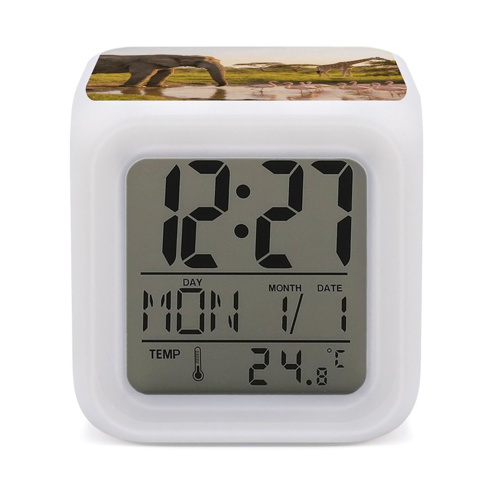 LZQPOEAS Elephant, Flamingo, Giraffe Alarm Clock with 7 Color Changing Nightlight for Bedroom Calendar Temperature Display Wake Up Digital Clock Small Desk Clocks for Heavy Sleepers Adults