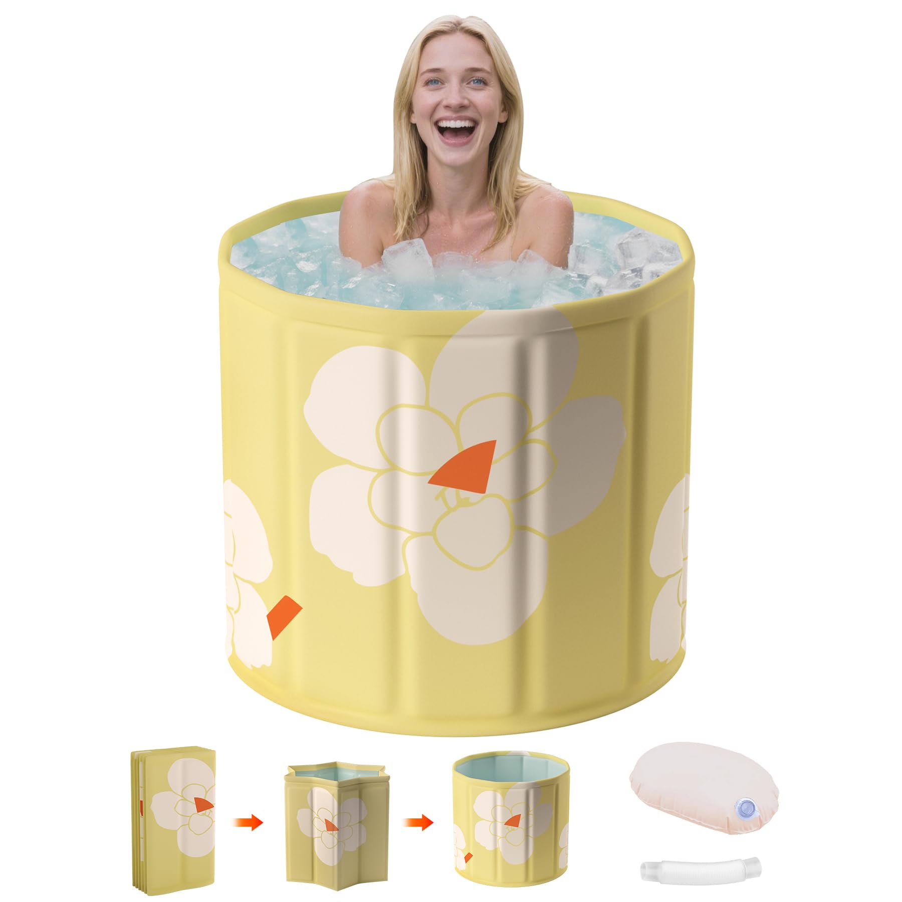 Narra Yellow-Round Portable Foldable Bathtub,Adult Freestand Bathtubs,Indoor Outdoor Ice & Hot Bath For Athletes Recovery,Collapsible Soaking Tub For Home,Gym Plunge Tub,Spa,Muscle Rehabilitation Shower,Yellow （70X65cm）