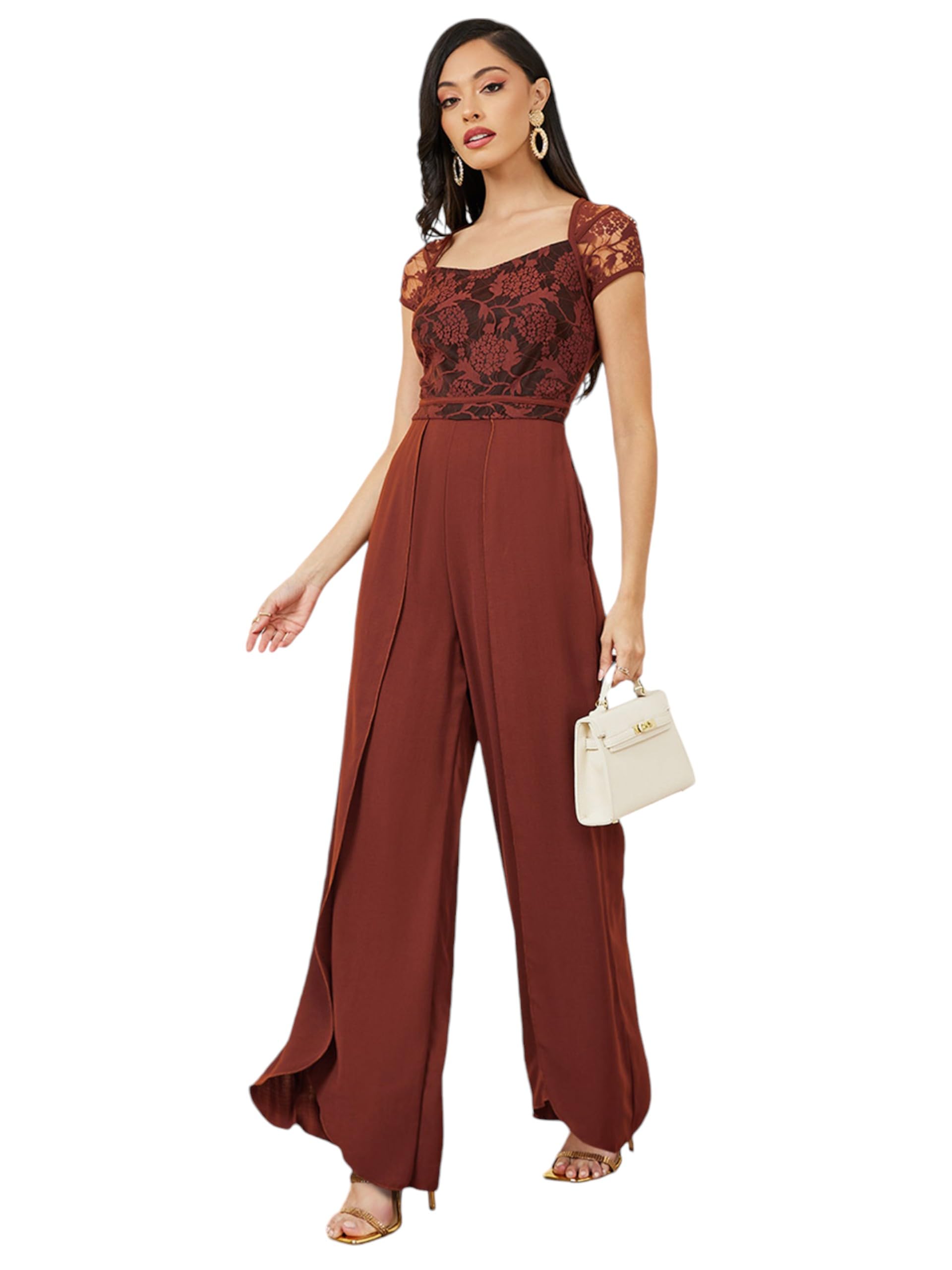 Women's Sweetheart Neck Raglan Sleeve Floral Lace Overlaid Crepe Jumpsuit-image-29