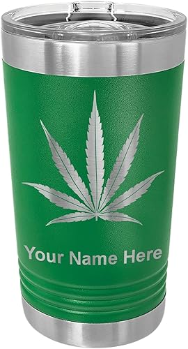 LaserGram 16oz Vacuum Insulated Pint Tumbler, Marijuana leaf, Personalized Engraving Included (Green)