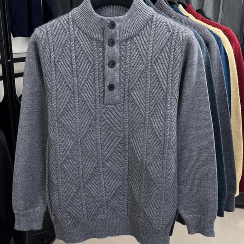 Winter Men's Casual Jacquard Knitted Sweater Stand Up Collar Button Sweaters