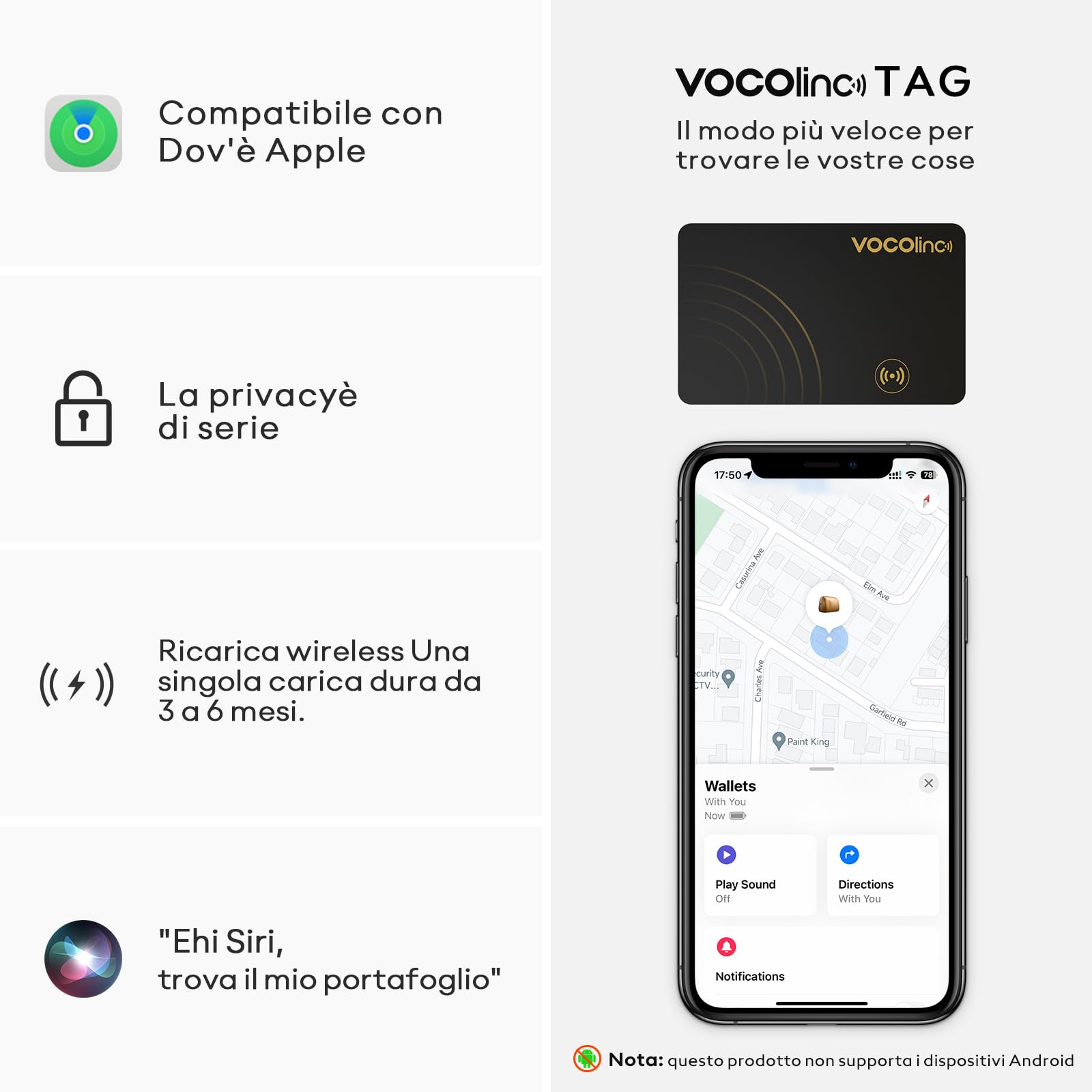 VOCOlinc Ricaricabile Wallet Tracker Thin 1.6mm, Smart Air Tag Card Compatibile con Apple Dov’è App (solo iOS, NON per Android), Bluetooth Localizzatore di Portafogli per Bagaglio/Valigia/Passaporti