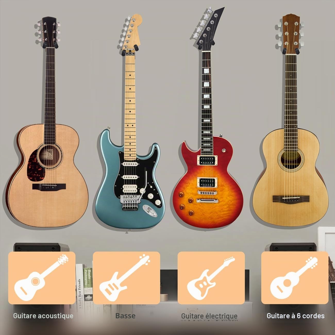 support guitare mural Lot de 4 avec crochet souple réglable pour guitares de toutes tailles, support mural guitare en forme de U en bois dur pour guitare acoustique, électrique, basse