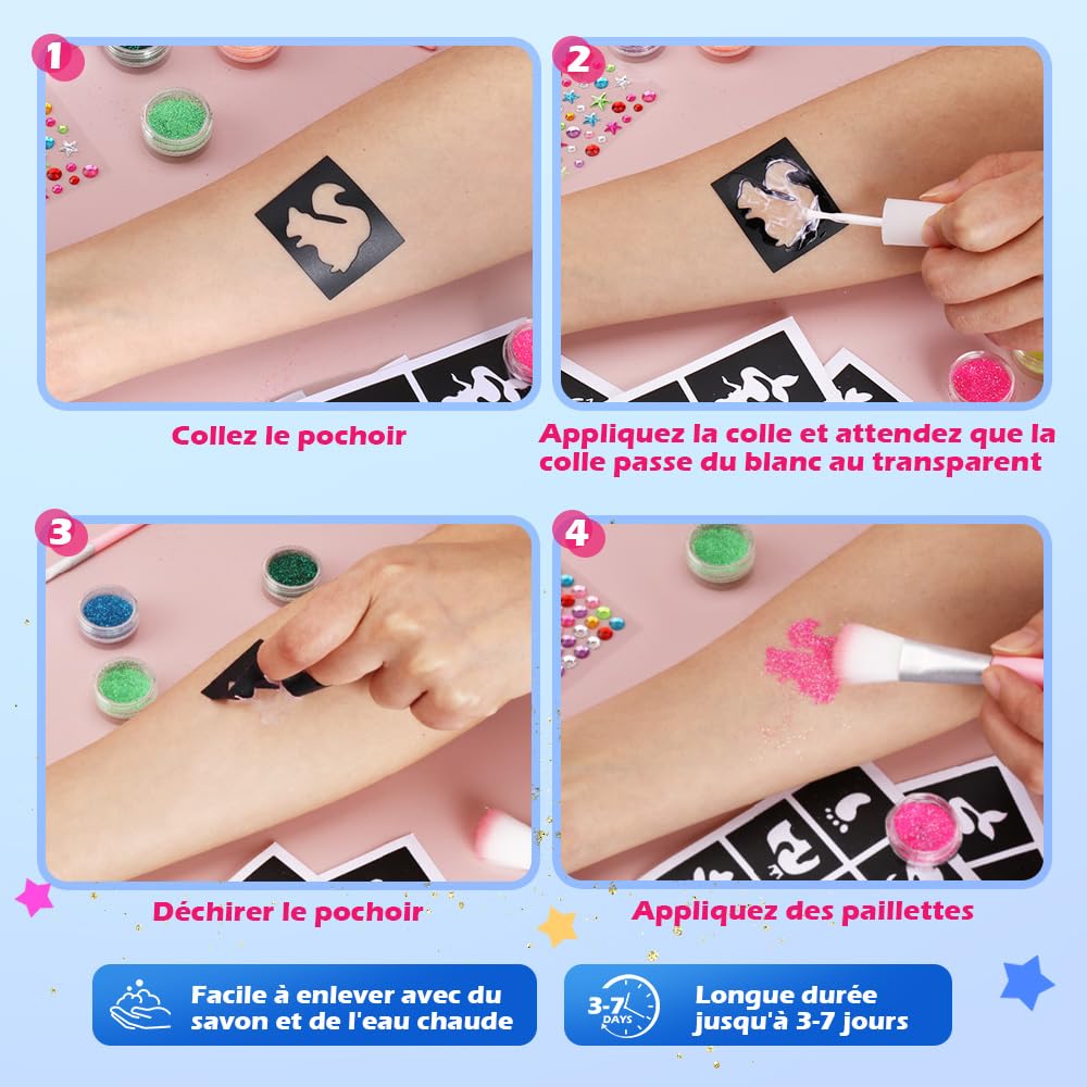 Bledras Kit Tatouage Paillettes Enfant, 42 Couleurs Imperméable Tatouage Temporaire à Paillettes, 210 Pochoirs, 5 Pinceaux, 3 Colles, Coffret Cadeau Fille, pour Anniversaire Carnaval Cosplay Fête