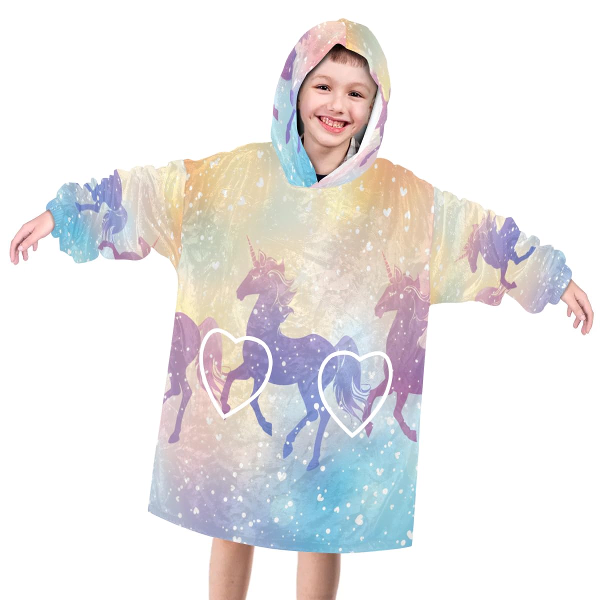 Wearable Blanket Hoodie for Kids, Horses Rainbow Fleece Sweatshirt Blanket Oversized Blanket Sweatshirt with Pocket Flannel Warm Hooded Blanket 6-10 Year Old Girl Boy Gift, One Size