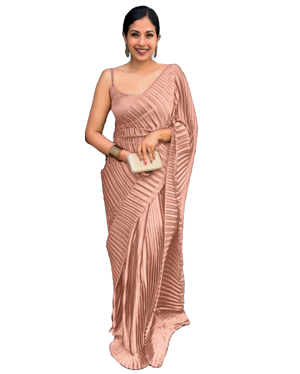 SEEWELL.inWomen's Full Crushed/Pleated Satin Saree With Unstitched Blouse Piece | Blouse Piece, CORAL, One Size