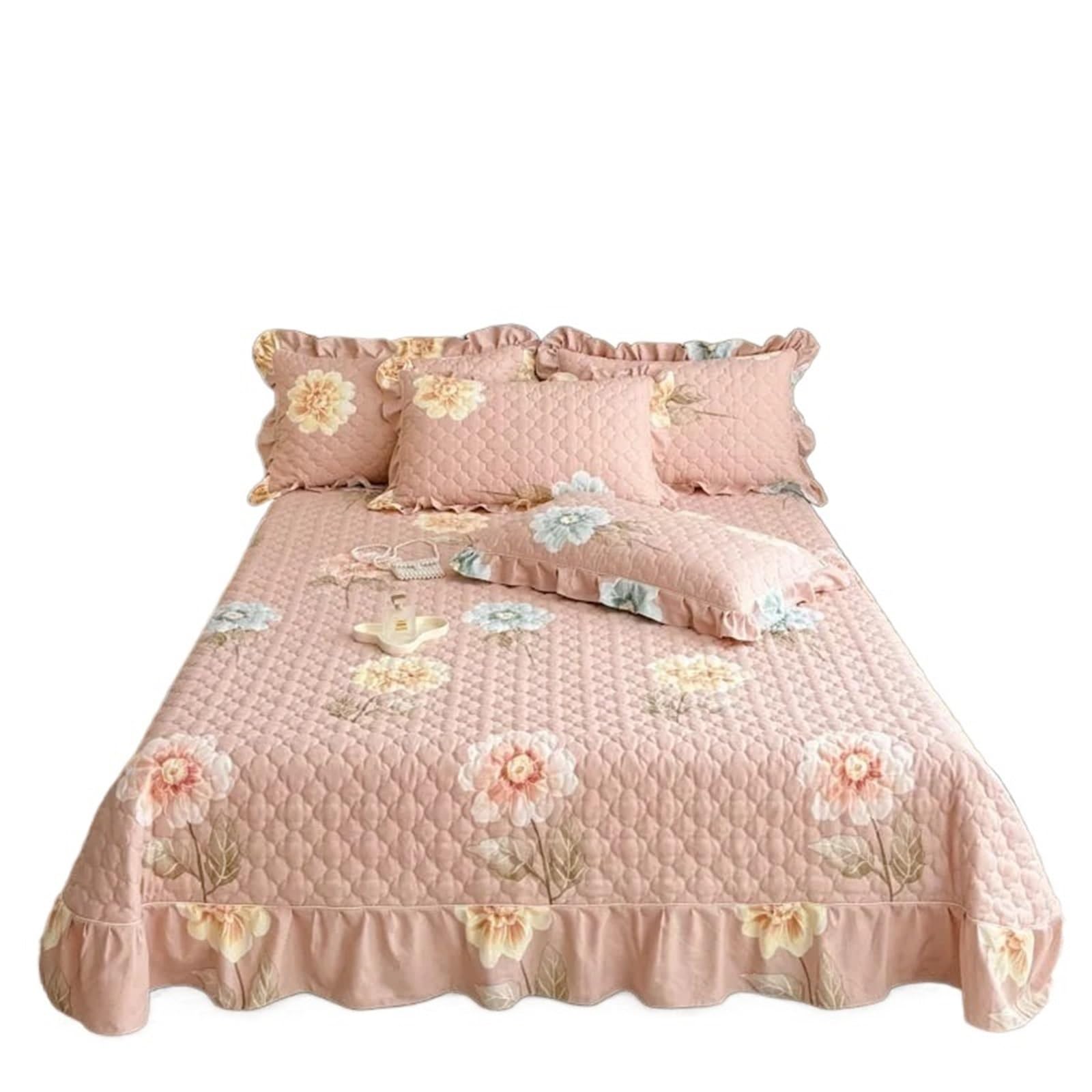 DAJGRHE Bedspread Quilted Bed Cover Ruffles Mattress Protector Thicken Linen(Color4)
