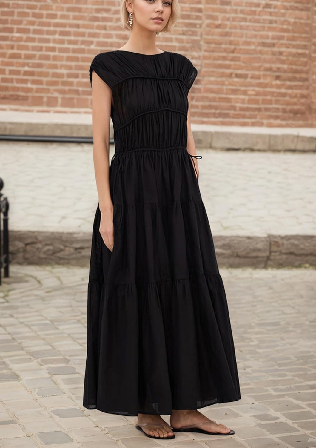 Women Pleated Ruched Tiered Maxi Dress Sleeveless Patchwork Ruffle Hem A Line Flowy Summer Elegant Long Dress - Image 3