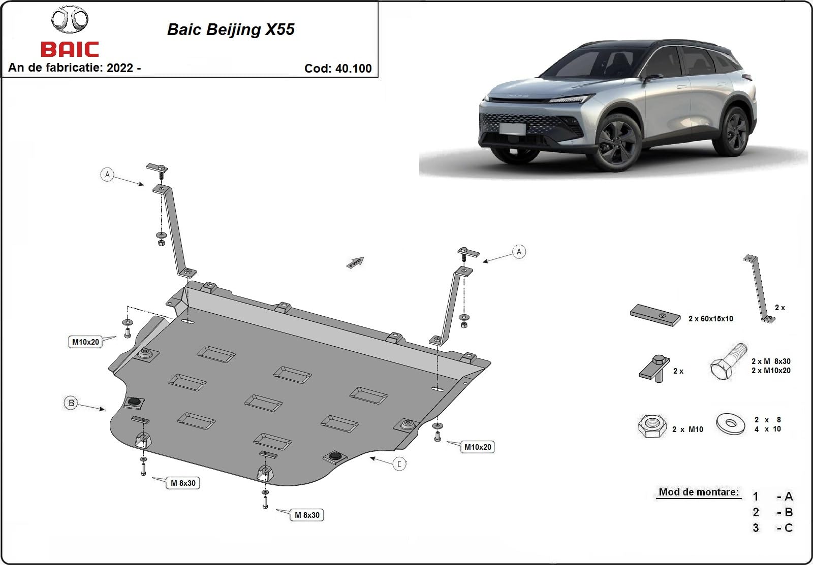 Osłona metalowa pod silnikiem, kompatybilna z Baic Beijing X55 – (2022–2025)