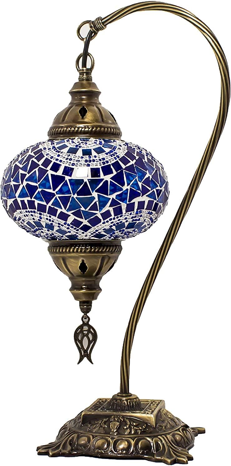 Turkish Moroccan Mosaic Light - Handmade Glass Swan Neck Table Lamp, Tiffany Style Bohemian Colorful Bedside Night Light With LED Bulb (Multi-colored, 6 Variations)