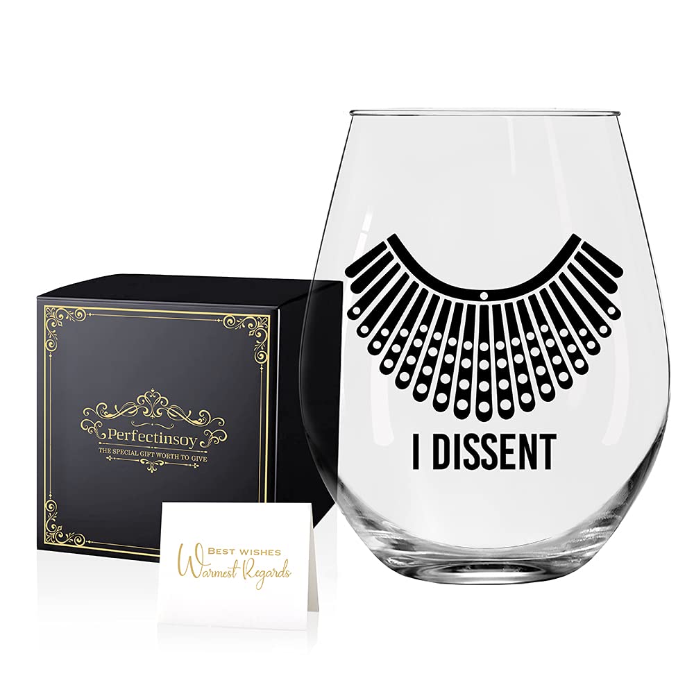 Perfectinsoy RBG I Dissent Wine Glass with Gift Box, Funny & Humorous Feminist Gifts for RBG Fan, Women, Sisters, Mothers, Boss, Colleagues, Unique