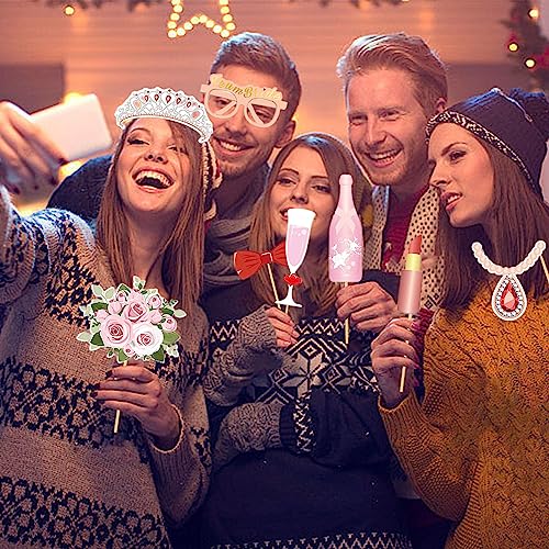 Image of Wedding Photo Booth Props 23 Pcs Rose Gold for Bachelorette Party | Pre-Assembled & Ready, Thick Glossy Cardboard, Rose Gold Pink Glitter, for Bridal Shower Hen Party, Funny Selfie Signs