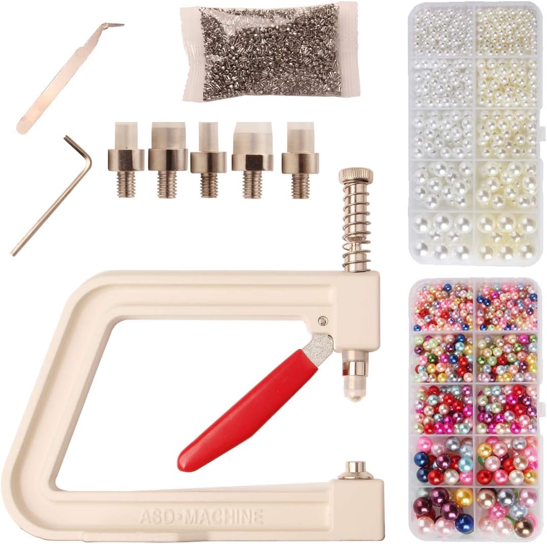 Hand Press Pearl Setting Machine Tools Beads Rivet Fixing Machine for DIY Crafts Supplies£¬Send no Holes Imitation Round Pearl 2 boxesAccessories Tools for Bracelets Necklaces with Cord