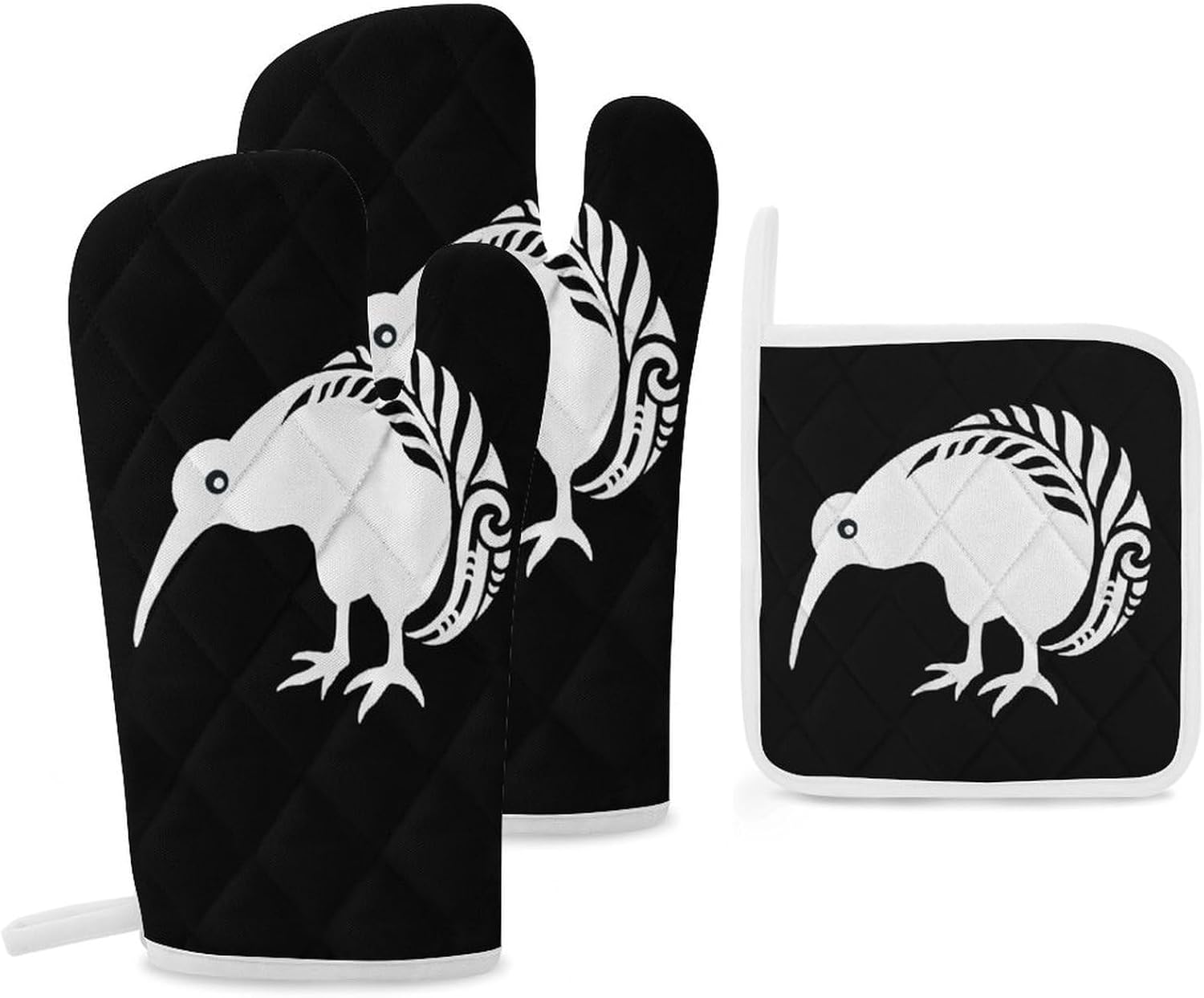 New Zealand Kiwi Fern Print Oven Mitts and Pot Holders 3 Piece Sets Heat Resistant Gloves Hot Pads Potholders for Kitchen Baking Cooking