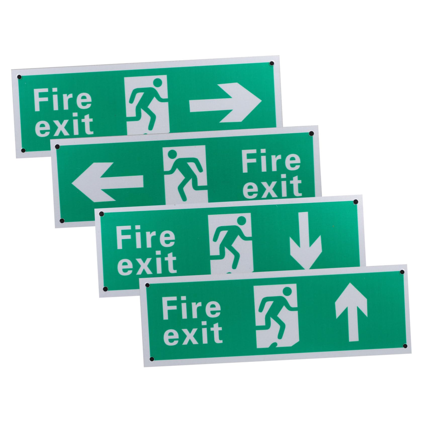 Señal de Salida de Emergencia 4 Piezas Verde de Aleación de Aluminio | Adhesivo, Guía Clara y Visible, Instalación Fácil, para Evacuación en Incendios y Negocios