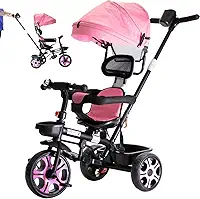 Triciclo Infantil Bebê Baby Style 2 em 1 Zupa com Assento Giratório 360°, Capota Removível e Haste de Empurrar – Certificado INMETRO (Rosa)